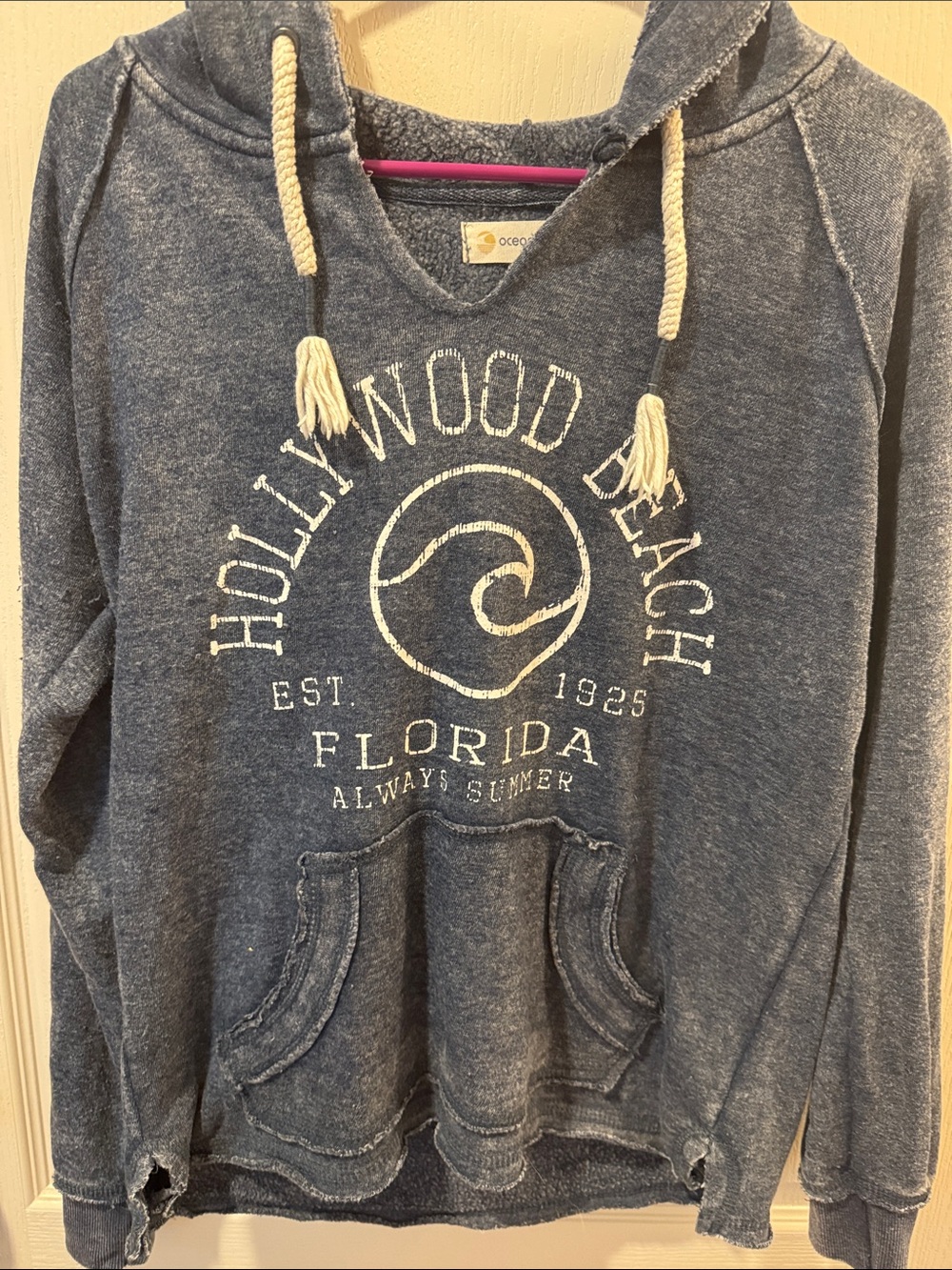 Ocean Drive Denim-Blue Cowl Pullover with Graphic